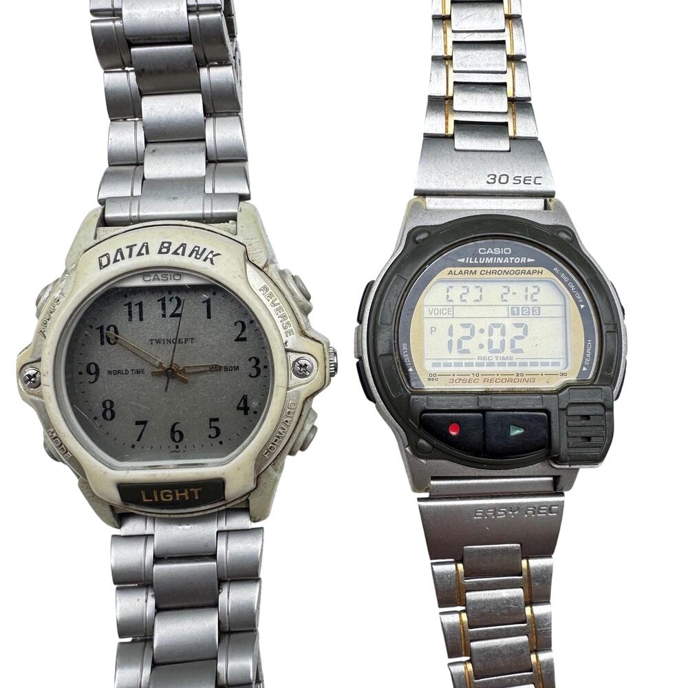 Lot of 2 Vintage Casio Digital Watches - Voice Memo A-V3 Casio ABX-24 Data Bank